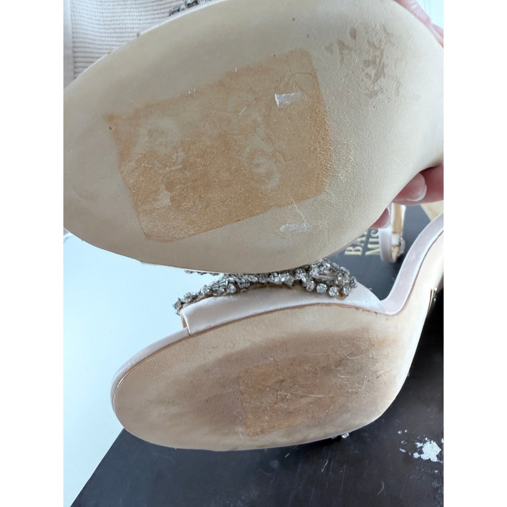 Badgley Mischka Light Pink Crystal Embellished Satin Block Heel Sandals Slides 6 - Picture 13 of 16